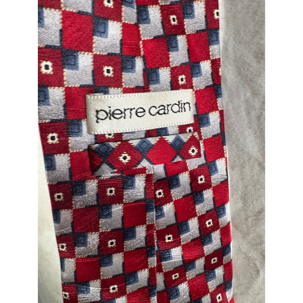 Pierre Cardin Mens Silk Tie Red NavyBlue Silver Geometric Grid Pattern WPL 13185 - Picture 2 of 3